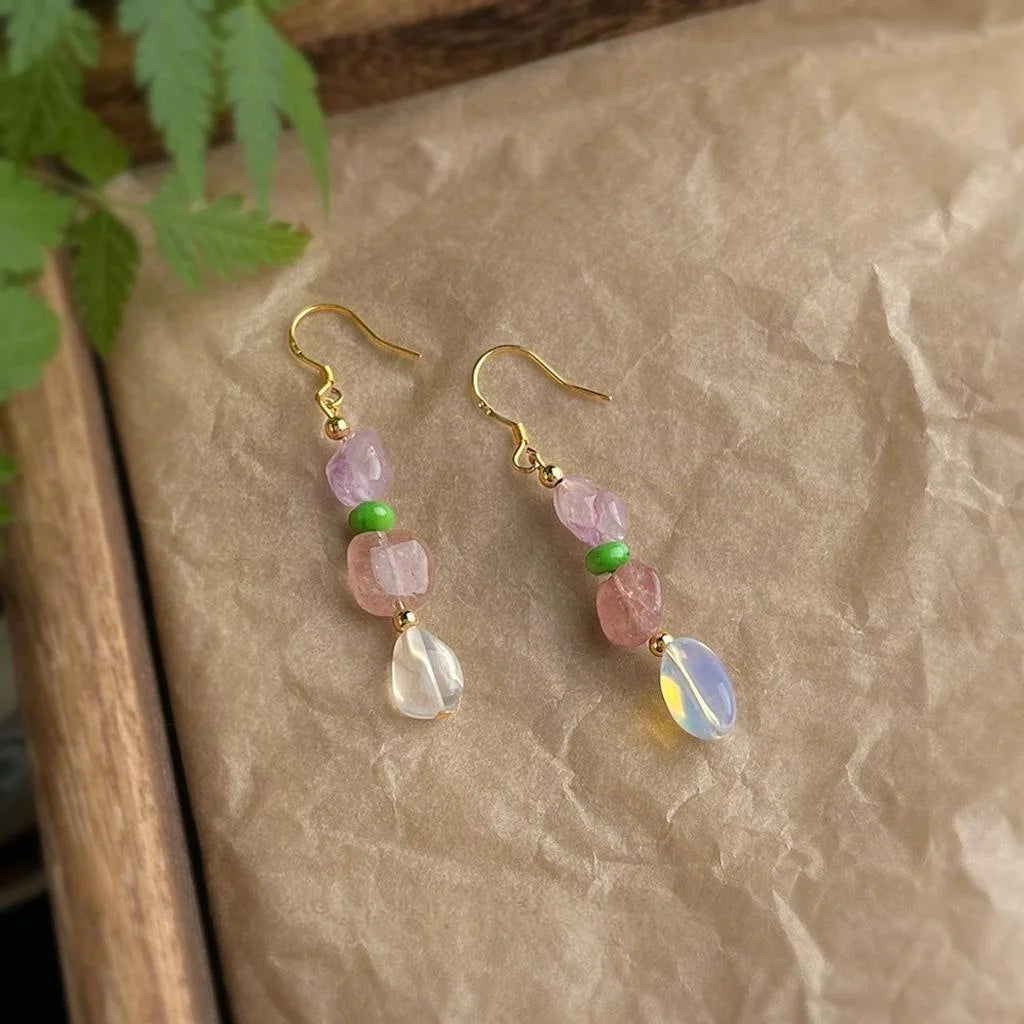 Handmade Natural Stone Drop Earrings With Strawberry Quartz Amethyst Irregular Geometric Pastoral Style
