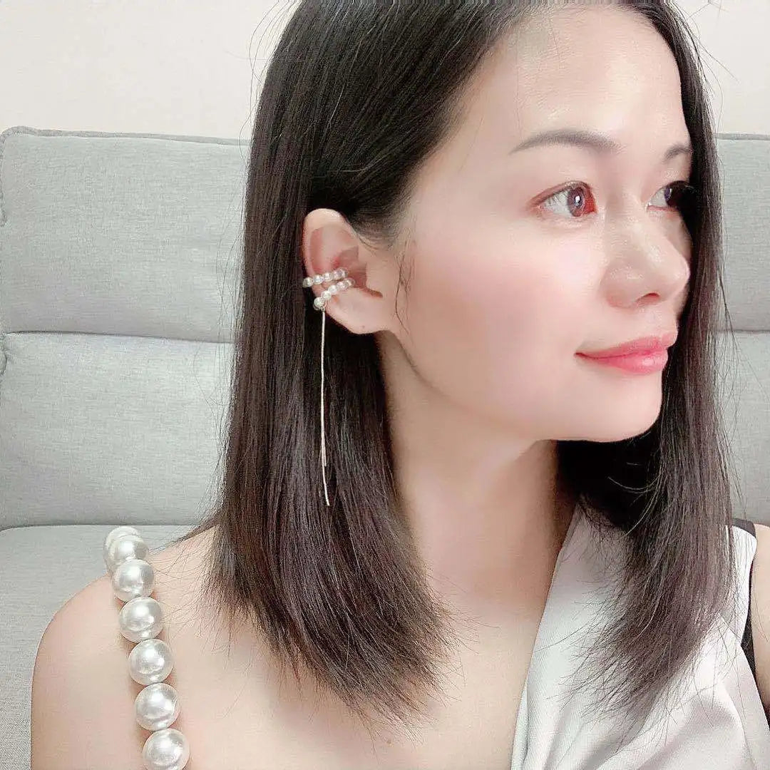 Elegant C Shape Pearl Ear Cuff Long Alloy Chain Tassel Stud & Clip On No Piercing Earrings