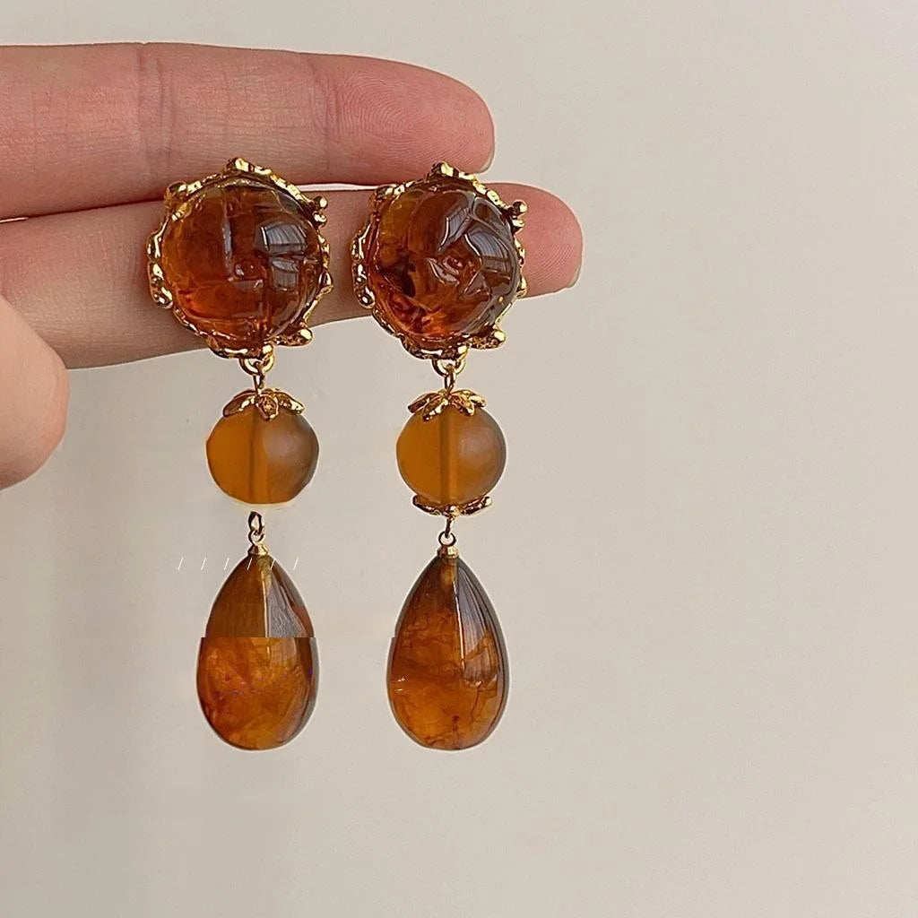 Vintage Amber Resin 3D Rose Tassel Drop Earrings, Handmade Court Style Statement Jewelry
