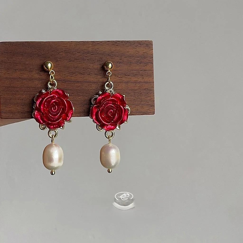 French Vintage Handmade Rose Stud Earrings 14K Plated Copper Freshwater Pearl Floral Jewelry