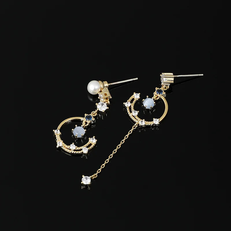 Elegant Asymmetric Crescent Moon Cat Eye Pearl Rhinestone Tassel Stud & Clip On No Piercing Earrings