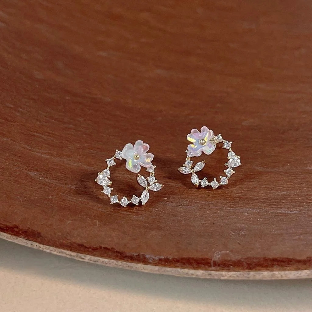 Sweet Floral Micro Pave Zircon Copper Stud Earrings, Colorful Flower Wreath Design