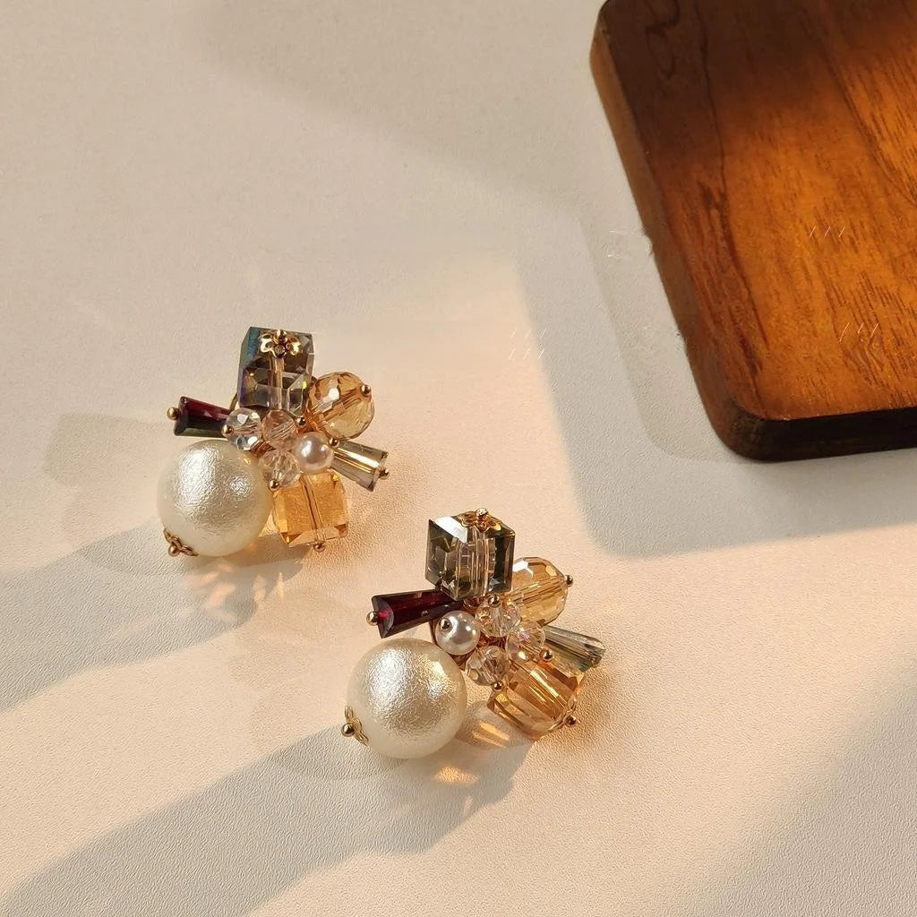 French Vintage Floral Pearl Crystal Stud Earrings, Handmade Silver-Plated Statement Jewelry