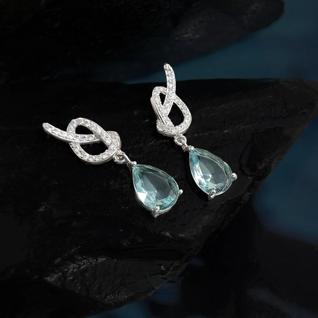 Light Luxury Copper Zircon Aquamarine Rope Knot Teardrop Drop Earrings