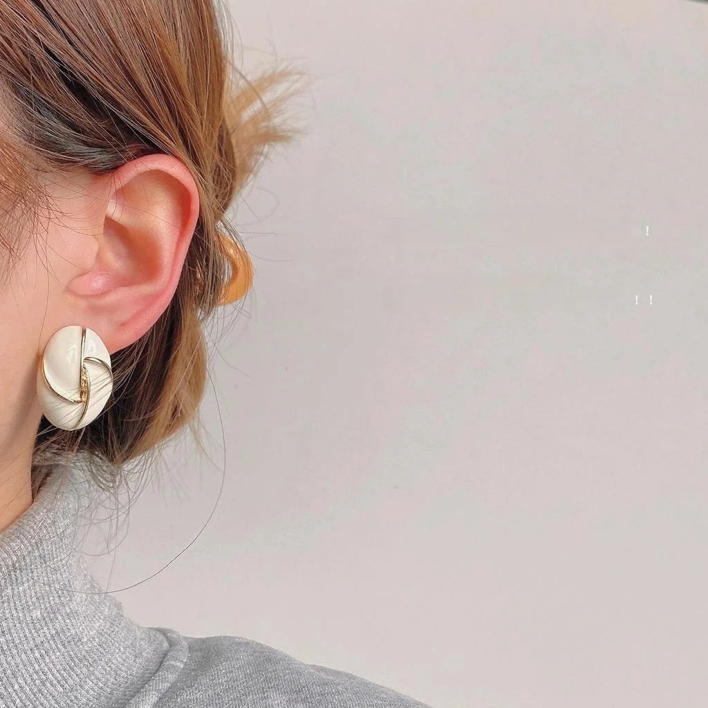 Hong Kong Style Cream Enamel Oval Geometric Copper Stud Earrings With 14K Plated Pins