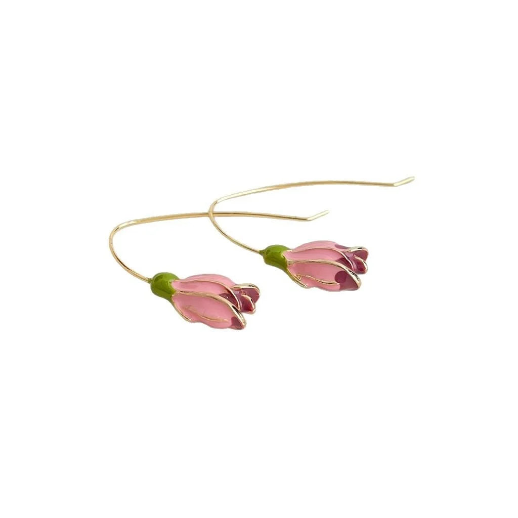 Sweet Forest Style Enamel Tulip Flower Drop Earrings For Women Handmade Eco Copper Jewelry
