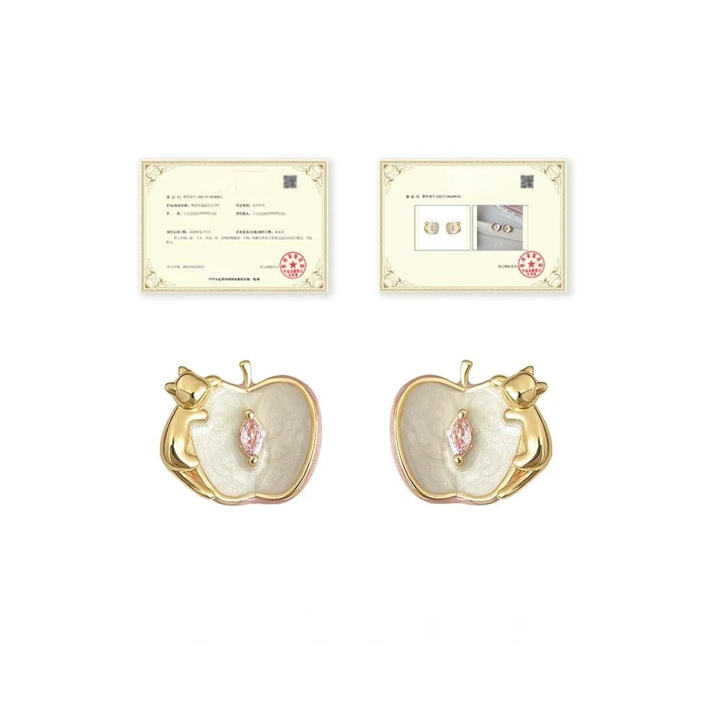Designer Apple Cat Enamel Copper Zircon Stud Earrings Silver Plated Luxury Women's Jewelry