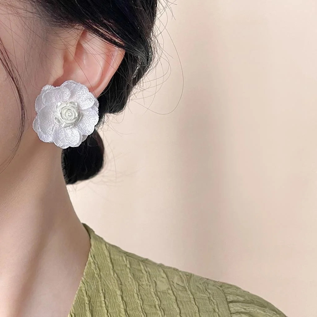 Fairy Style White Mesh Fabric Big Flower Drop Earrings Handmade Statement Floral Summer Jewelry