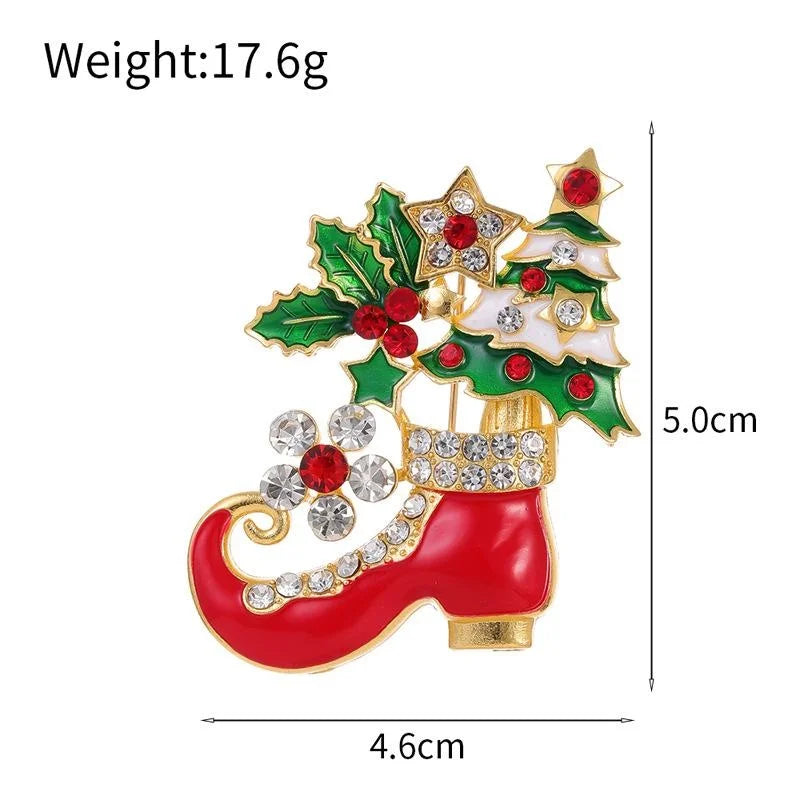 Elegant Christmas Boot Brooch With Enamel Holly Tree And Rhinestones, Alloy Lapel Pin Corsage Gift