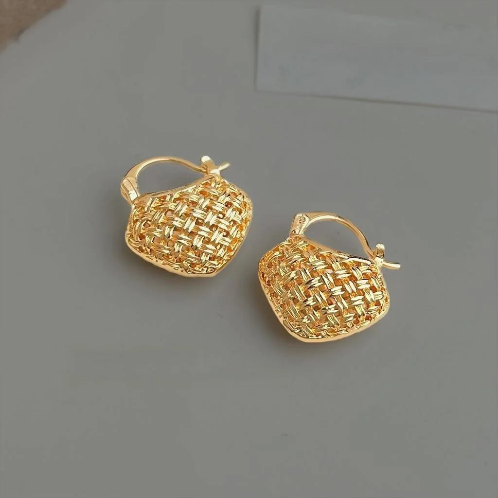 Korean Style 14K Gold Plated Hollow Woven Handbag Geometric Line Copper Stud Earrings