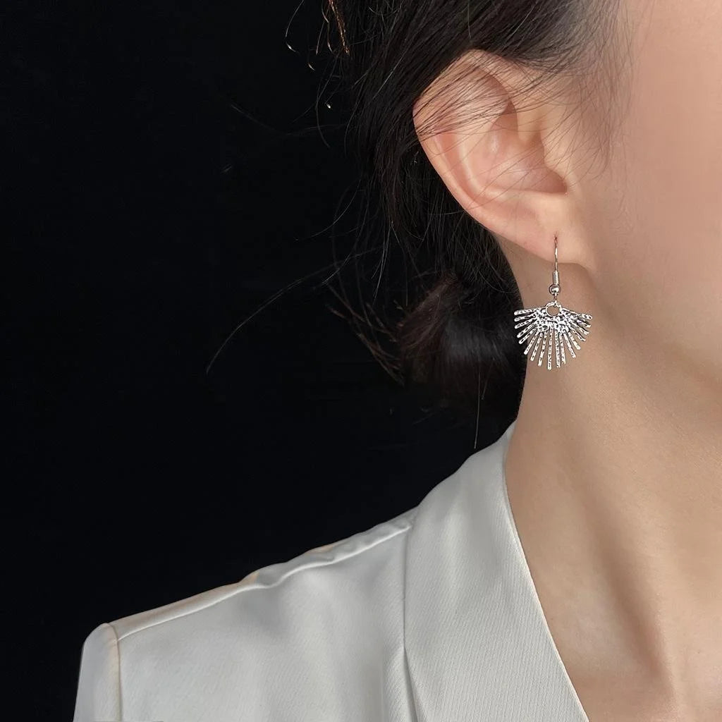 Vintage Antique Silver Eco-Friendly Copper Hollow Leaf Fan Drop Earrings for Women
