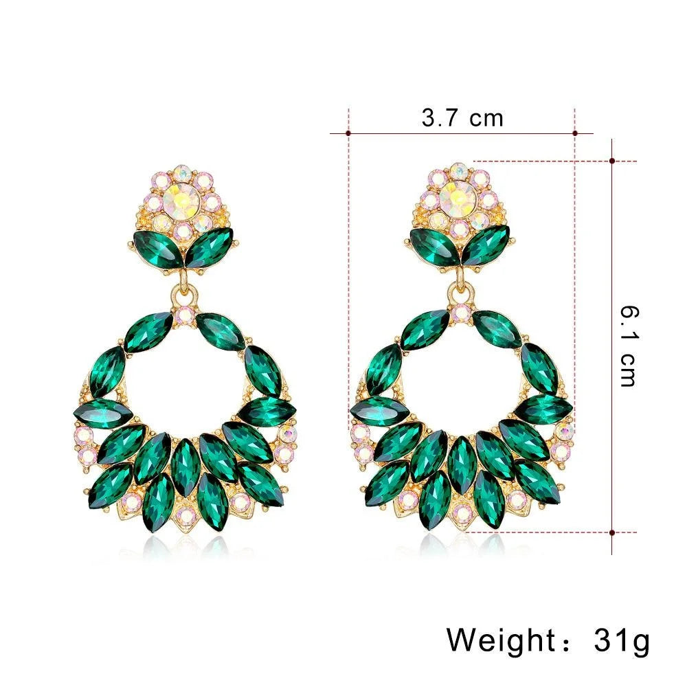 Vintage Geometric Hollow Round Drop Earrings With Green Glass Crystal Rhinestones Alloy For Wedding Party