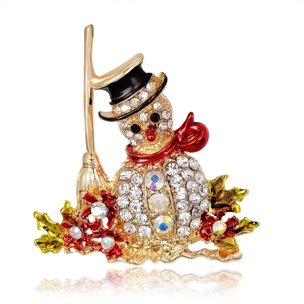 Cute Christmas Snowman Rhinestone Enamel Alloy Brooch, Luxury Lapel Pin Corsage Suit Accessory Gift