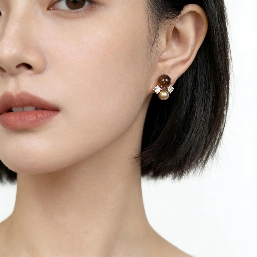 Maillard Vintage Tiger Eye Zircon Pearl Geometric Flower Stud Earrings