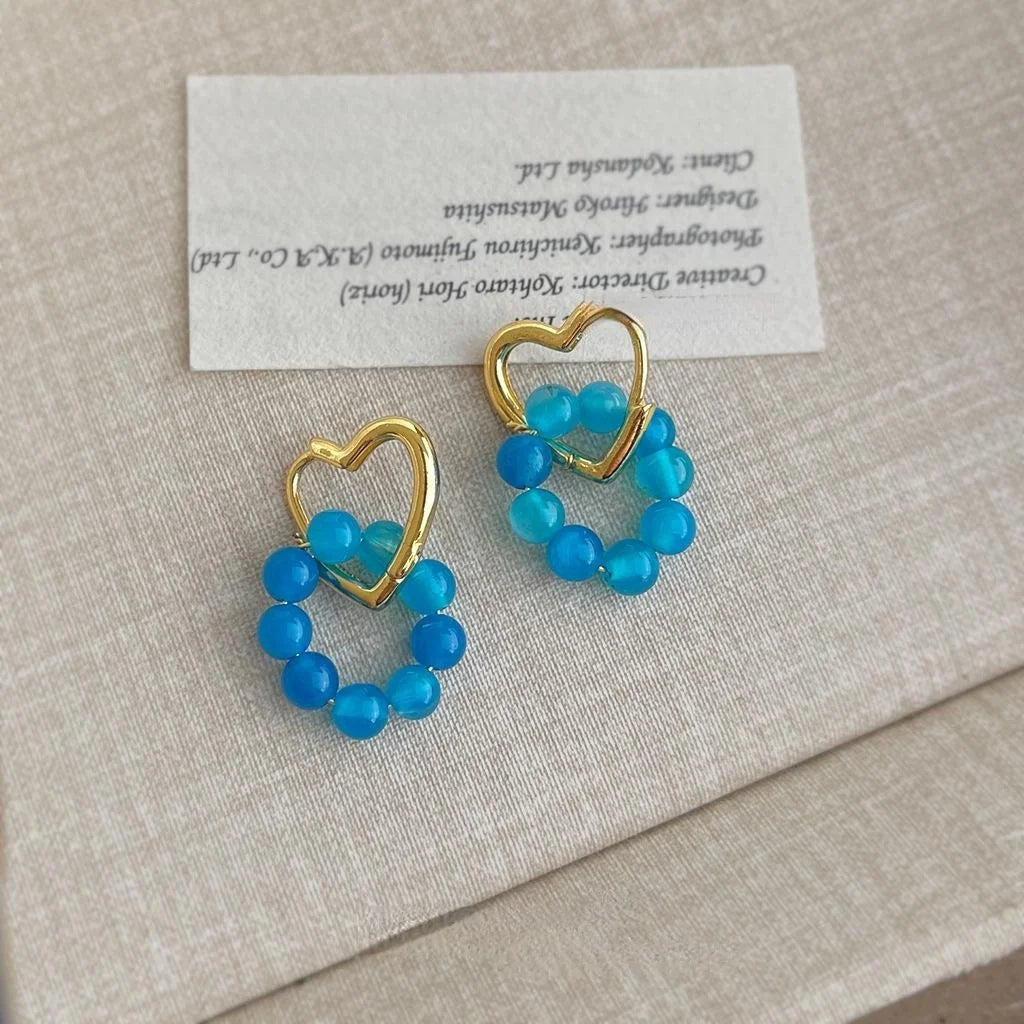 Aqua Blue Natural Agate Heart Geometric Floral Drop Earrings Handmade Resort Style