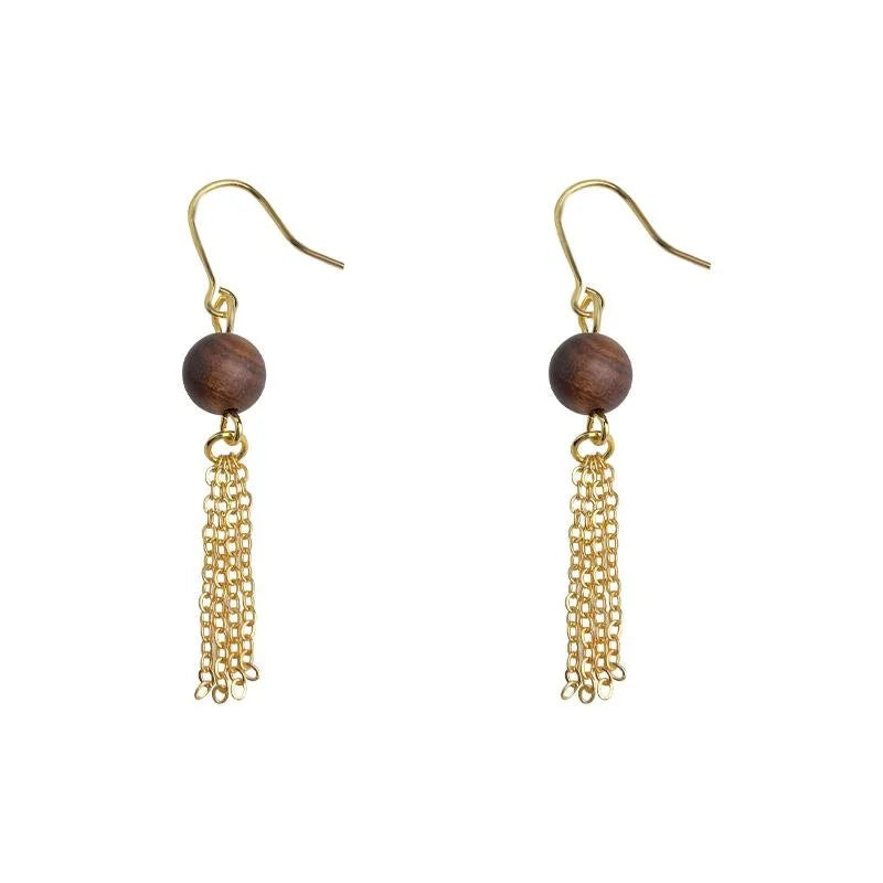 Handmade Wooden Geometric Tassel Drop Earrings for Women Vintage Maillard Style Long Jewelry