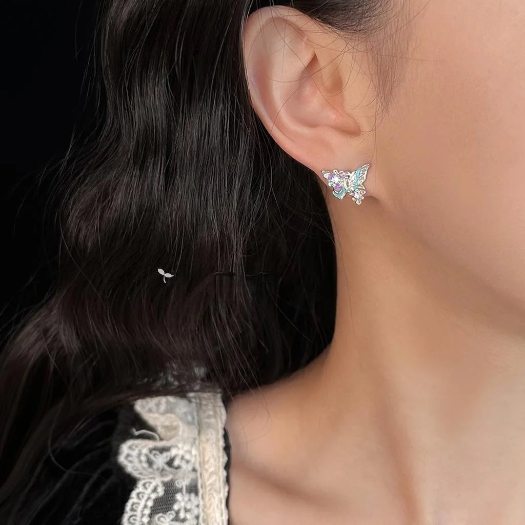 Forest Style Colorful Enamel Butterfly Stud Earrings In Copper With Micro Pave Zircon And Silver Plated Pins