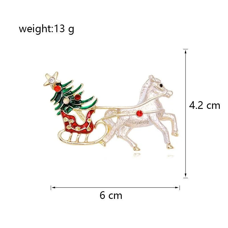 Elegant Enamel White Horse Sleigh Christmas Tree Rhinestone Brooch, Festive Lapel Pin Gift