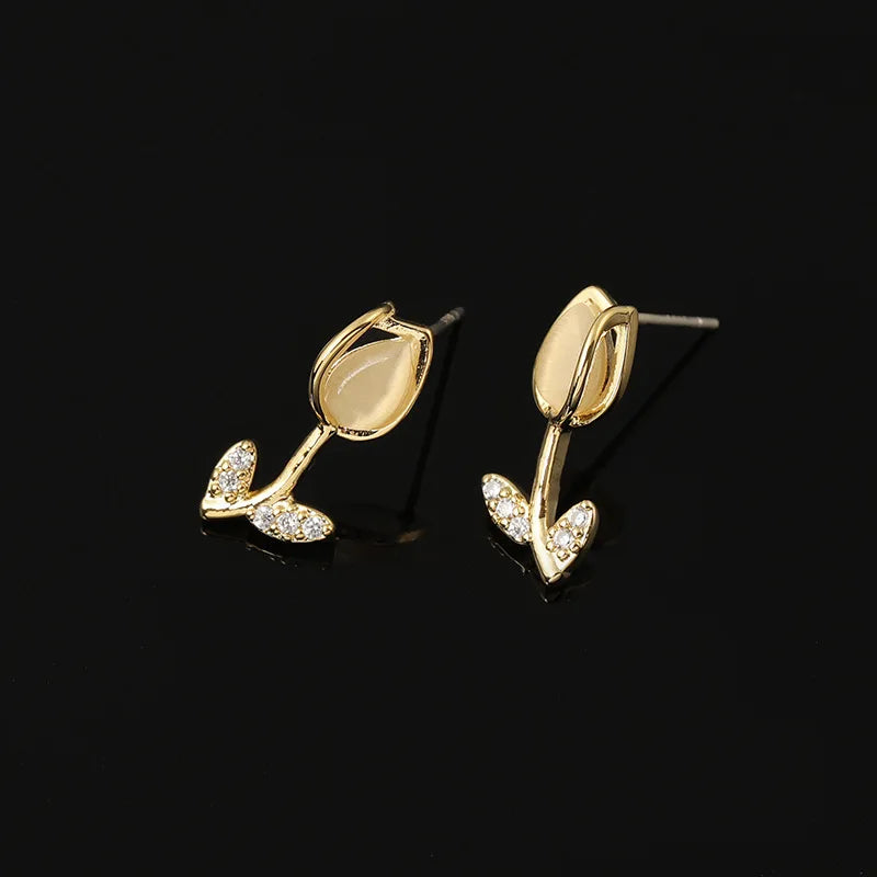 Elegant Gold Alloy Cat Eye Tulip Flower Rhinestone Stud & Clip On No Piercing French Earrings