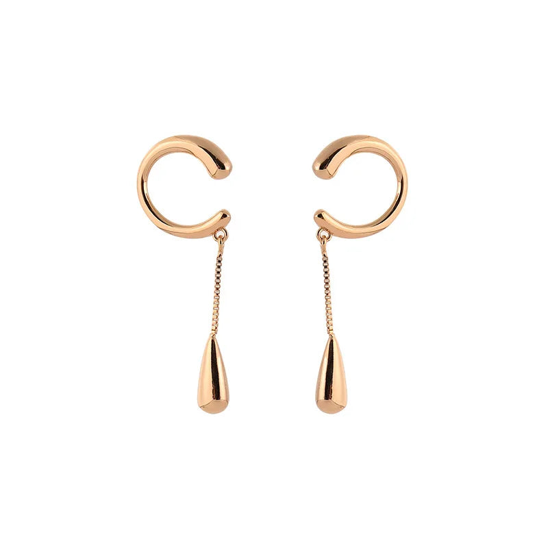 Elegant Alloy Ear Cuff Chain Tassel Water Drop Stud & Clip On No Piercing Long Dangle Earrings