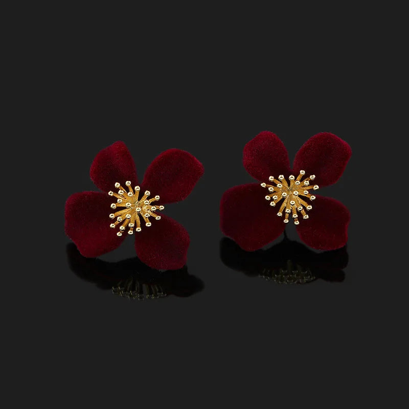 Elegant Red Velvet Flower Alloy Stud & Clip On No Piercing Sweet Floral Winter Women's Earrings