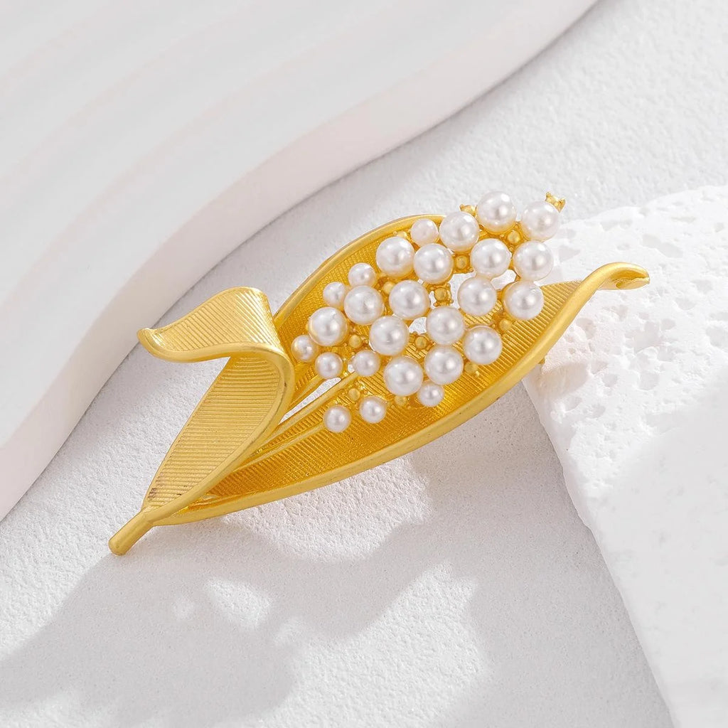 Elegant Gold Alloy Pearl Lily Of The Valley Leaf Brooch For Women, French Lapel Pin Suit Accessory
