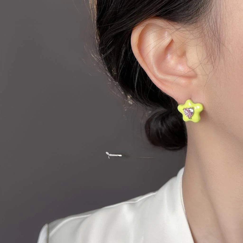Sweet Cool Candy Color Liquid Flower Stud Earrings Copper Micro Pave Zircon Floral Jewelry