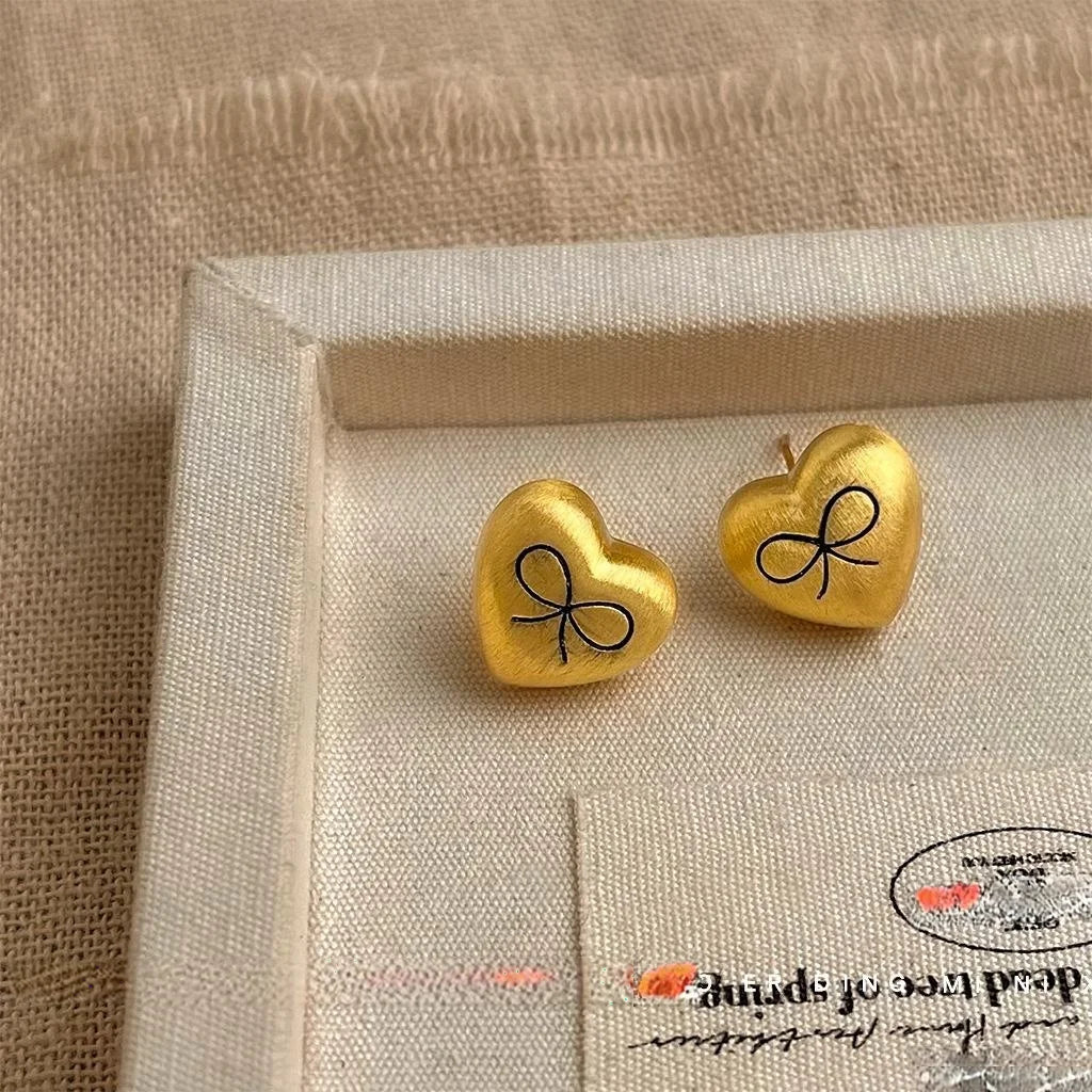 French Vintage Matte Brushed Copper Heart Bow Stud Earrings