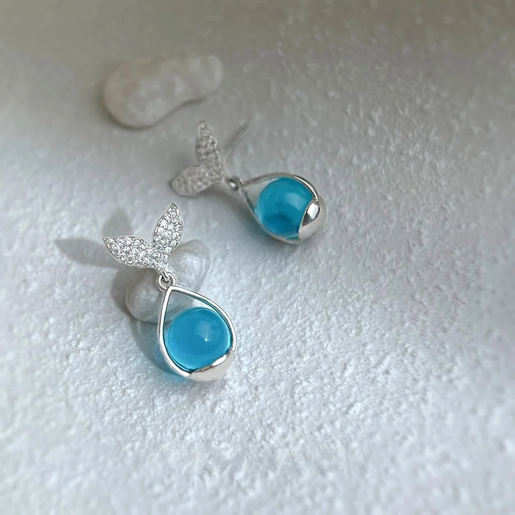 Vacation Style Zircon Micro Pave Copper Glass Fishtail Waterdrop Drop Earrings