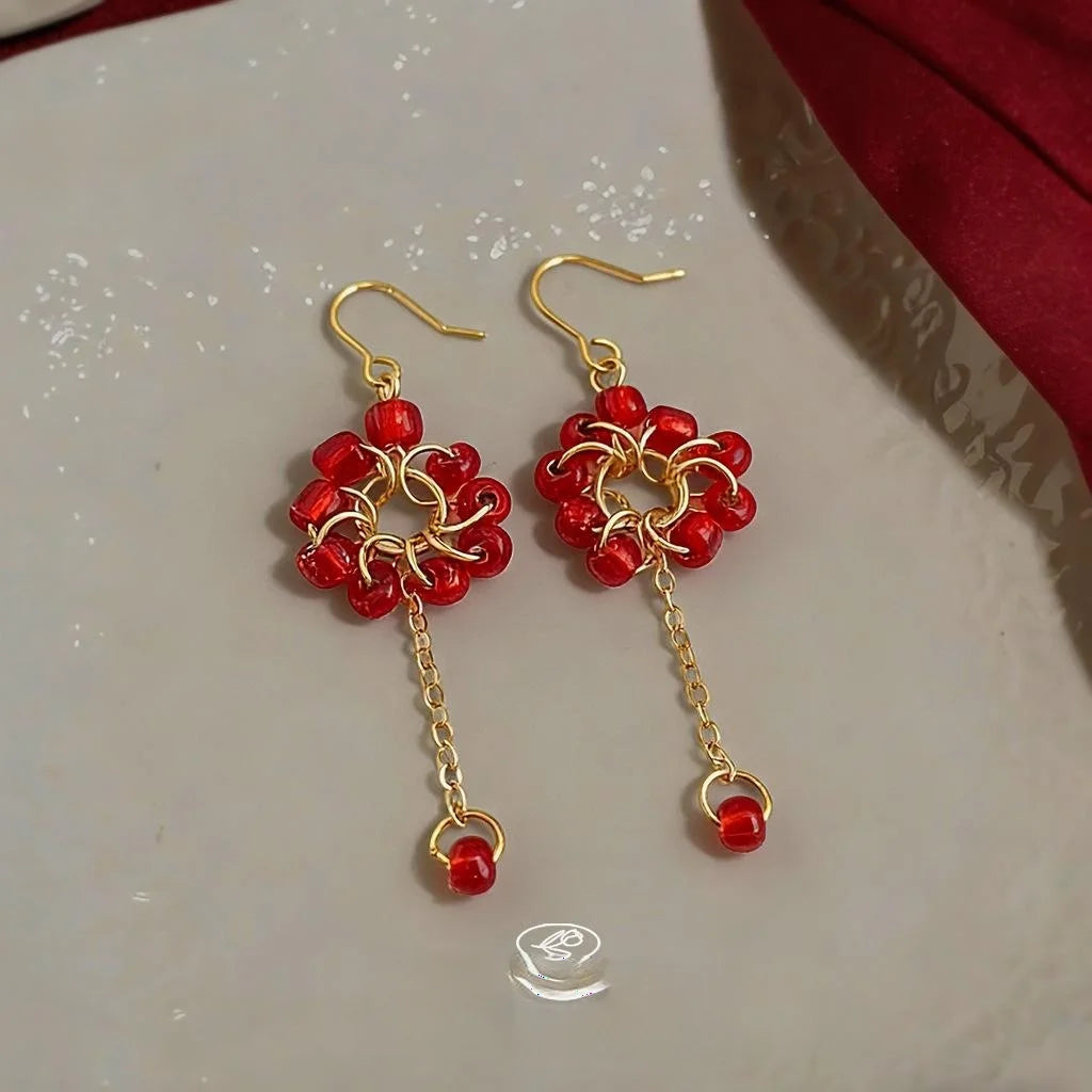Vintage Palace Style Red Glass Bead Tassel Drop Earrings, Handmade Copper Geometric Firework Design