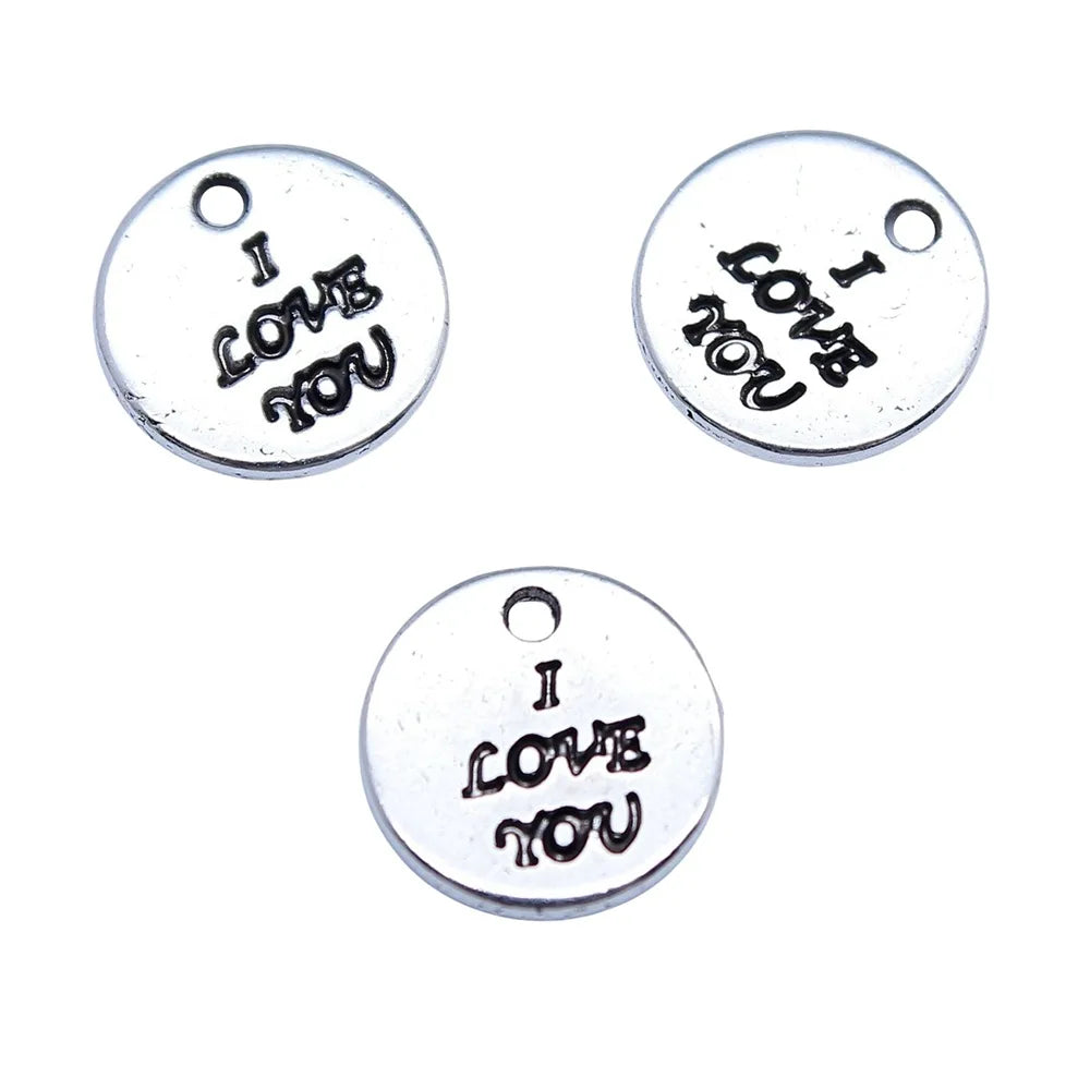 10x10mm 0.6g Antique Silver Zinc Alloy I LOVE YOU Round Tag Double Sided Charm Pendant for DIY Necklaces
