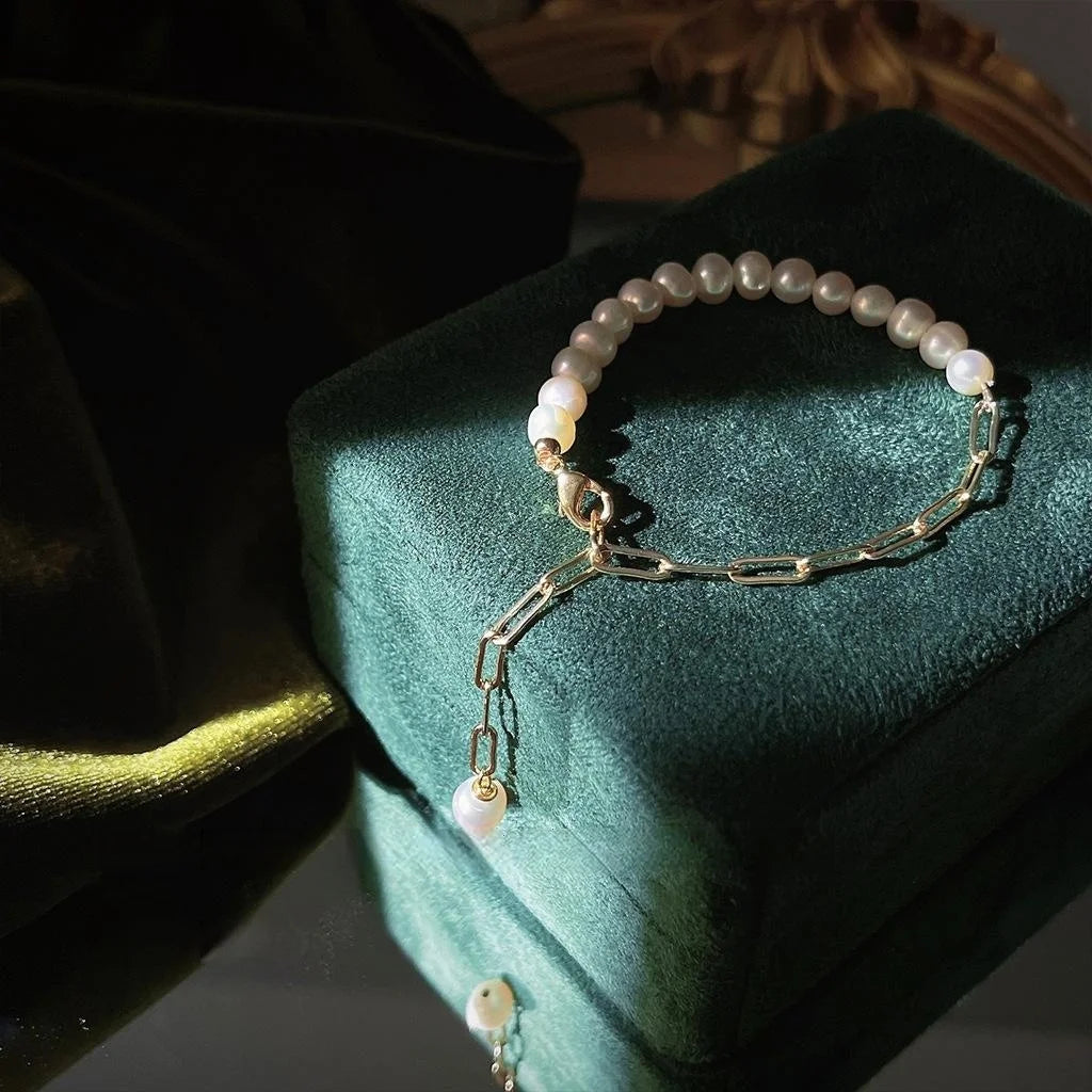 French Light Luxury Freshwater Pearl 14K Gold Plated Copper Handmade Geometric Bracelet