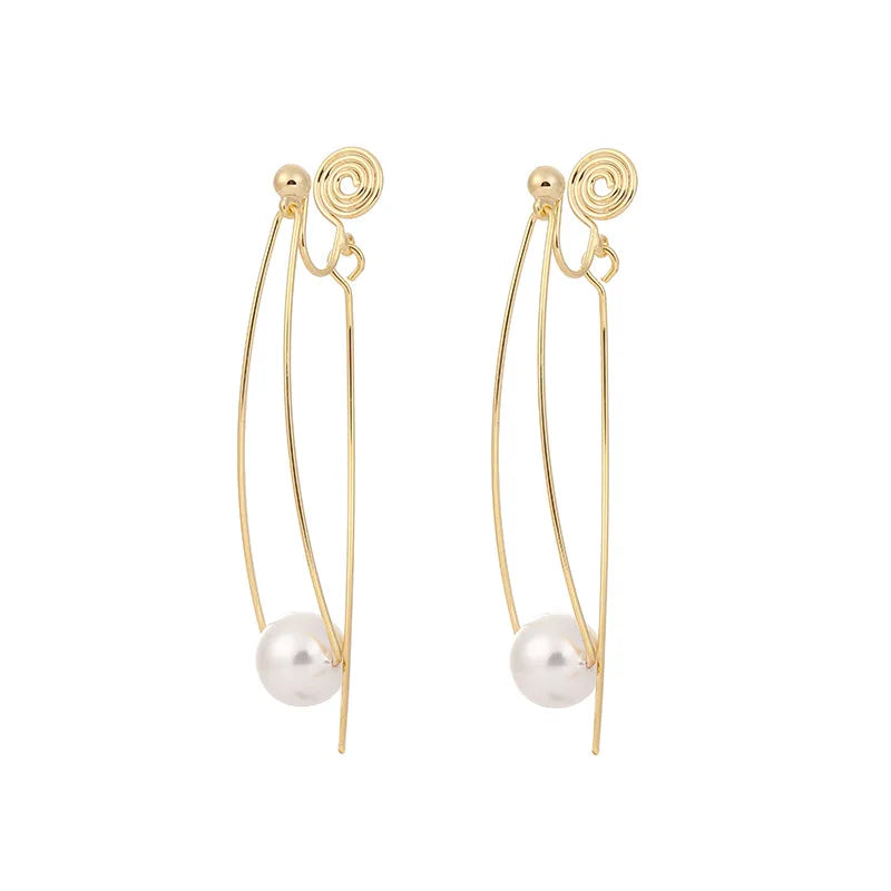 Elegant Spiral Hoop Tassel Pearl Gold Tone Alloy Stud & Clip On No Piercing Minimalist Long Drop Earrings