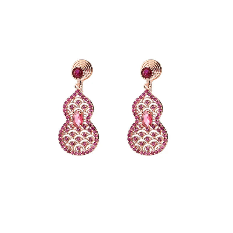 Luxury Rose Gold Hollow Gourd Floral Zircon Dangle Stud & Clip On No Piercing Women's Earrings