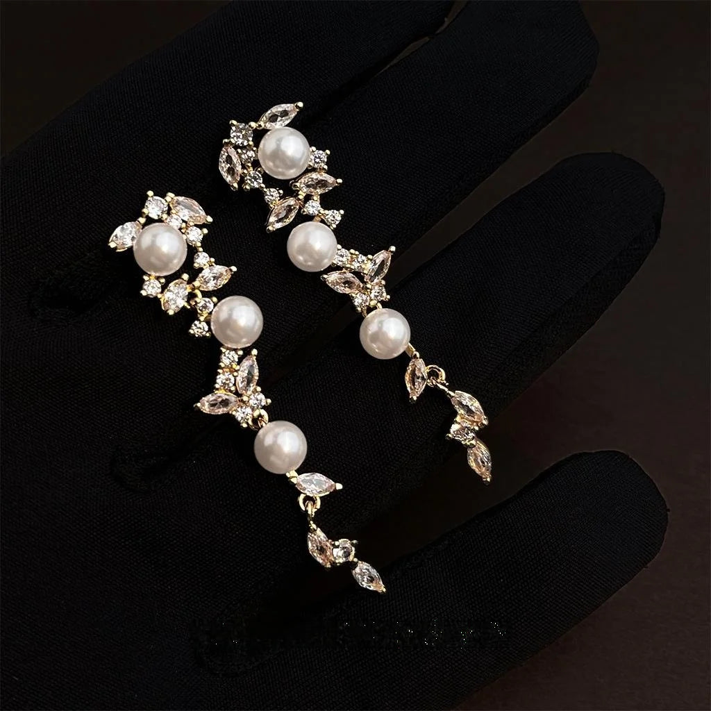 Elegant Copper Zircon Micro Pave Butterfly Floral Leaf Long Tassel Drop Earrings
