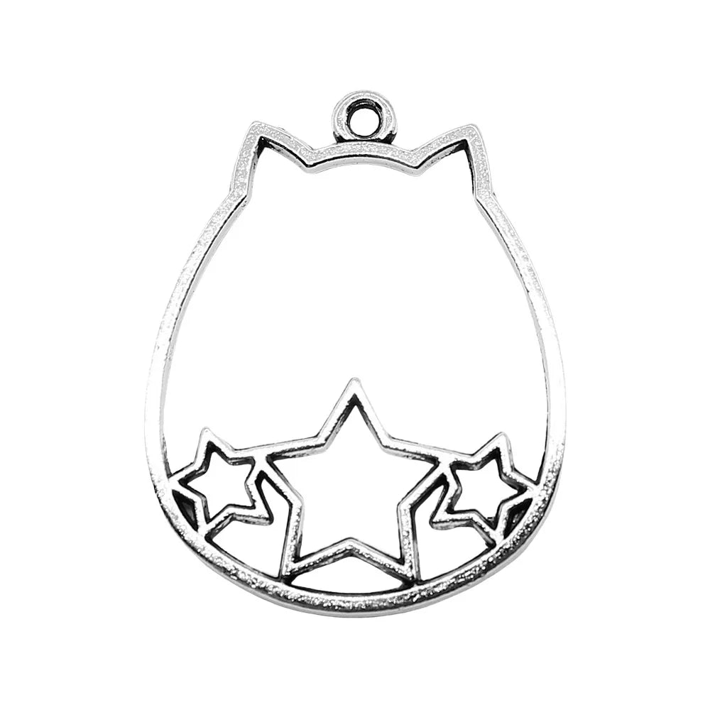 27x34mm 2.7g Antique Silver Zinc Alloy Cat Head with Hollow Five-Point Star Charm Pendant for DIY Jewelry