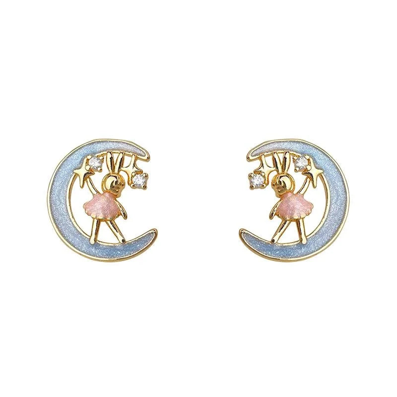 14K Plated Copper Moon Rabbit Stud Earrings With Micro Pave Zircon Hand Painted Fairy Style