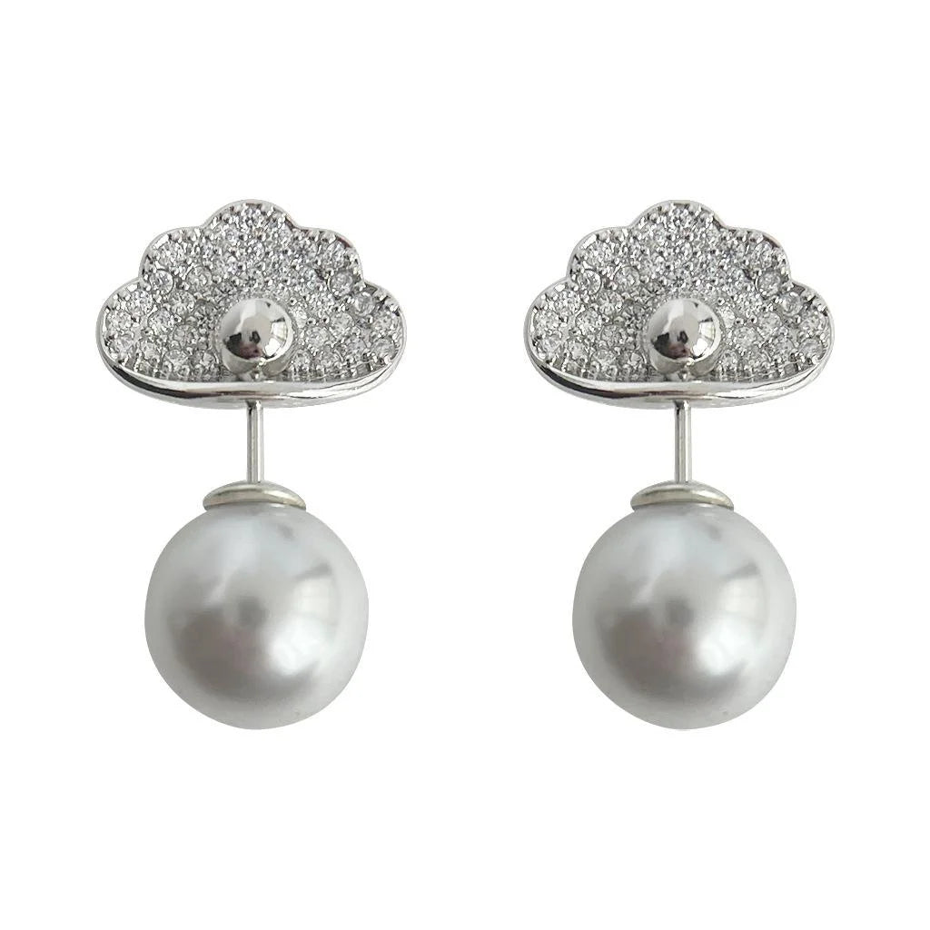French Vintage Copper Cloud Pearl Micro Pave Zircon Stud Earrings Two Way Luxury Jewelry