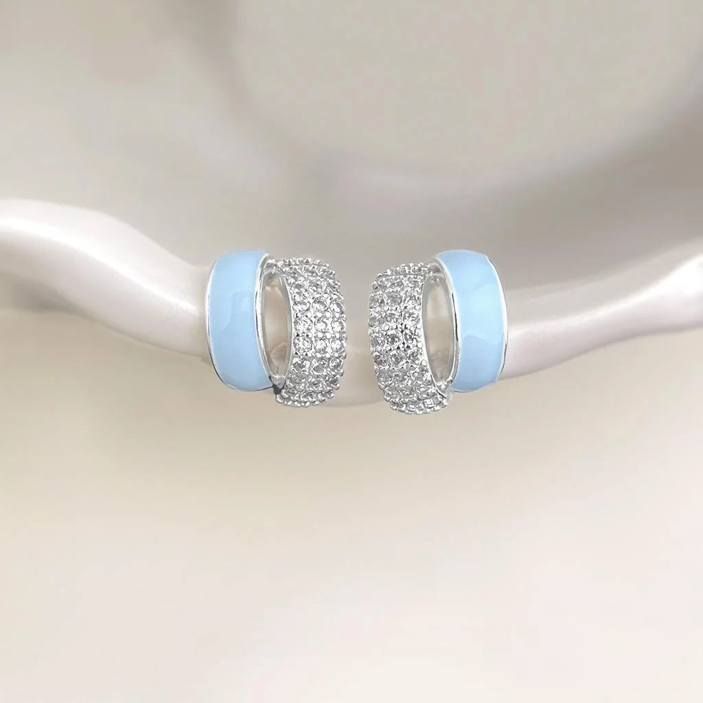 Fresh Blue Micro Pave Zircon Geometric Enamel Copper Stud Earrings For Women
