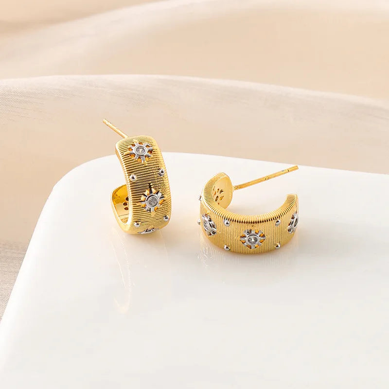 Unique Two Tone C Hoop Alloy Rhinestone Spiral Disc Stud & Clip On No Piercing Luxury Earrings