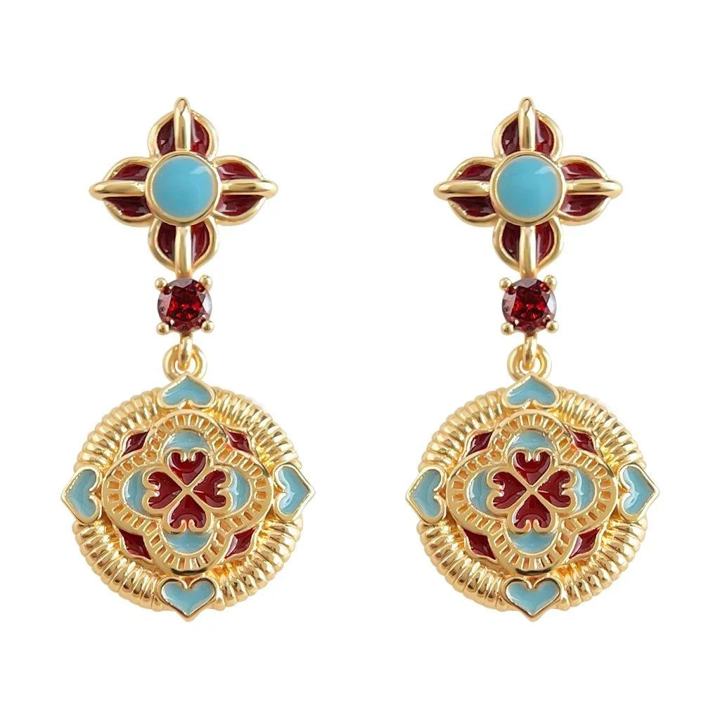 Original Ethnic Style Copper Enamel Glaze Zircon Auspicious Floral Geometric Drop Earrings