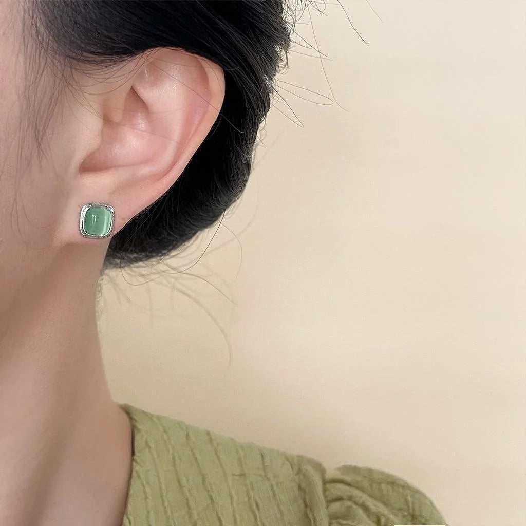 Minimalist Green Glass Cat Eye Stone Square Geometric Copper Stud Earrings For Women