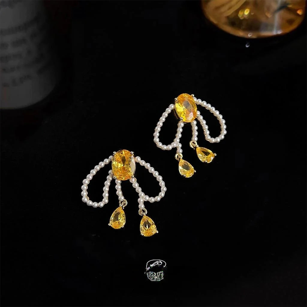 14K Gold Plated Copper Zircon Inlaid Pearl Bow Drop Earrings Vintage Minimalist Style