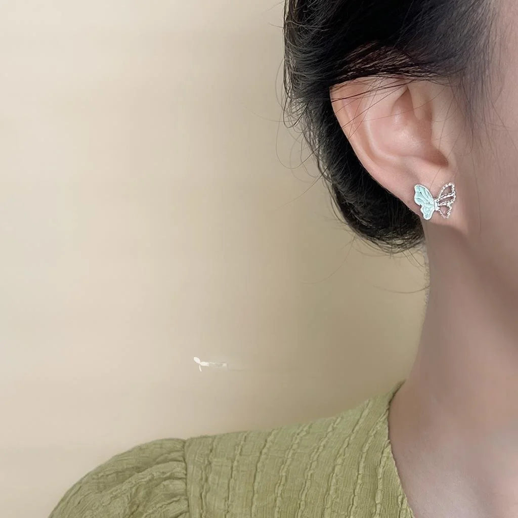 Fresh Sweet Enamel Butterfly Stud Earrings Copper Hollow Asymmetric Elegant Minimalist Jewelry
