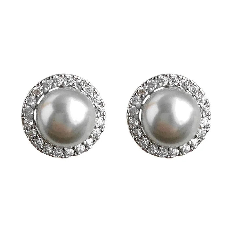 Light Luxury Gray Glass Pearl Stud Earrings With Micro Pave Zircon Copper Round Jewelry