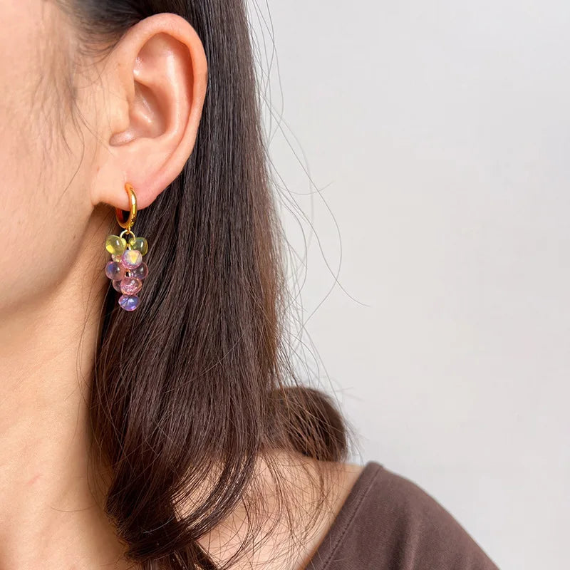 Elegant Forest Style Grape Cluster Crystal Bead Drop Stud & Clip On No Piercing Gold Alloy Hoop Earrings