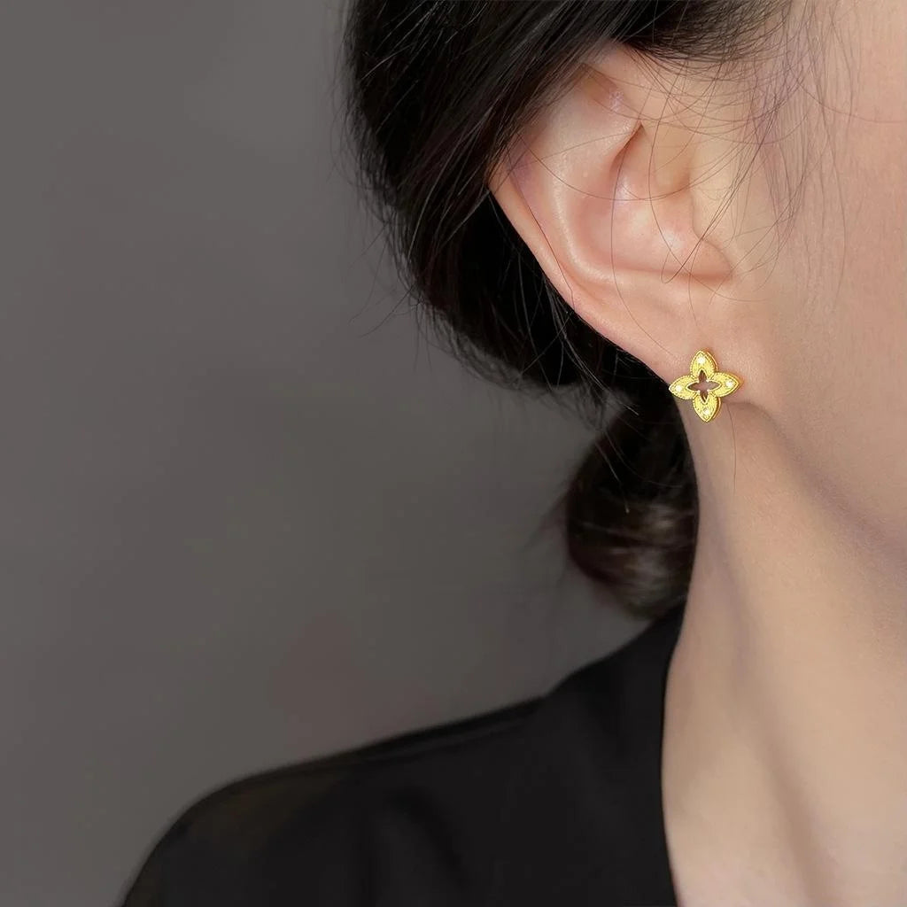 Copper Zircon Hollow Flower Geometric Stud Earrings Minimalist Light Luxury