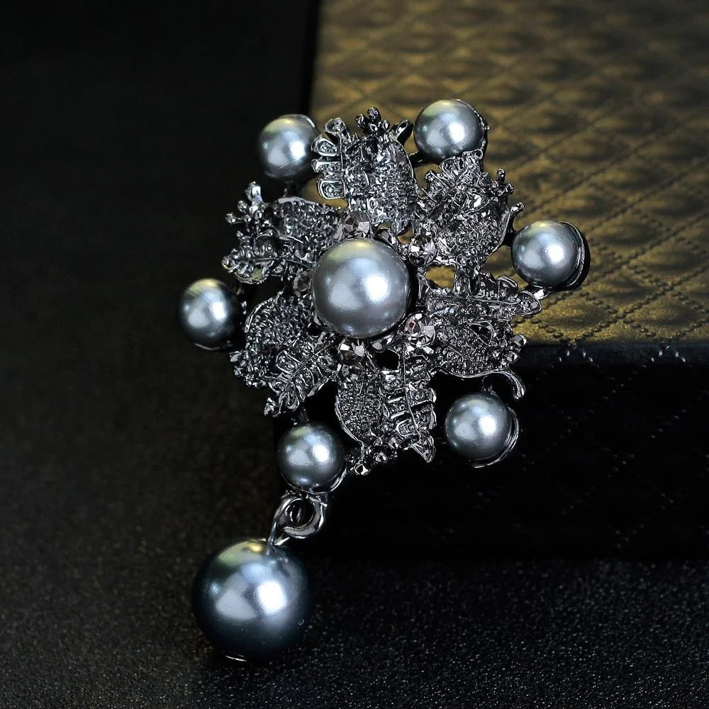 Elegant Alloy Pearl Flower Brooch With Rhinestone Accents And Dangle Pearl Lapel Pin Suit Accessory Gift