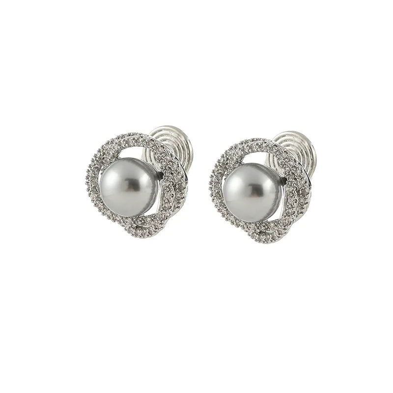 Elegant Round Spiral Rhinestone Gray Faux Pearl Stud & Clip On No Piercing Vintage French Earrings