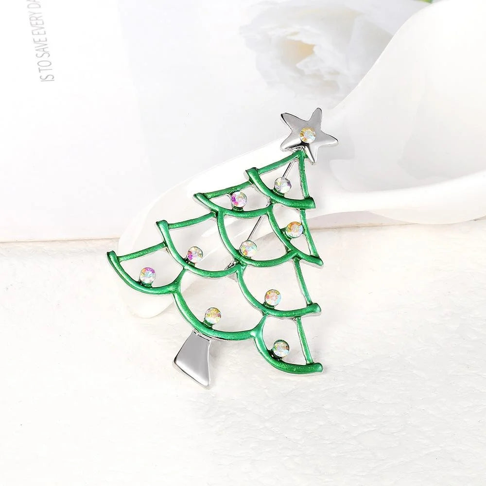 Cute Green Enamel Christmas Tree Brooch With Rhinestone Star, Holiday Lapel Pin Corsage Gift